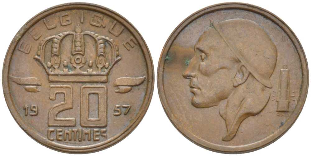 БЕЛЬГИЯ 20 САНТИМОВ 1957 BELGIQUE, БОДУЭН I (1951-1993) KM 146 бронза 116-948