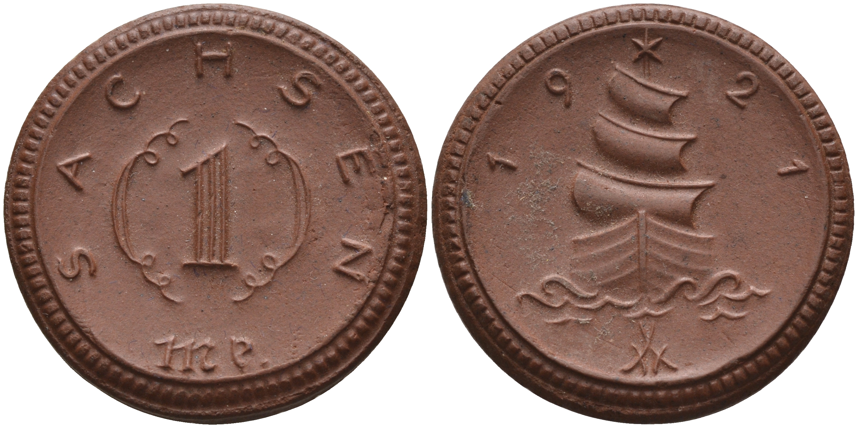 Саксония 1 марка 1921 парусник J. N 55 фарфор 1094-3-11