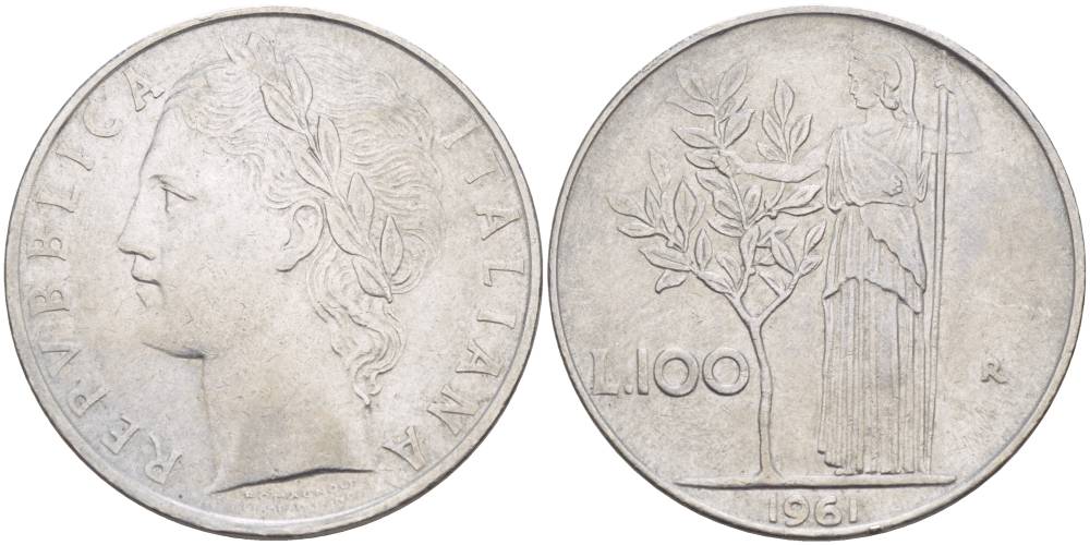 ИТАЛИЯ 100 ЛИР 1961 R, АФИНА У ОЛИВКОВОГО ДЕРЕВА KM 96.1 нержавеющая сталь 4545-626