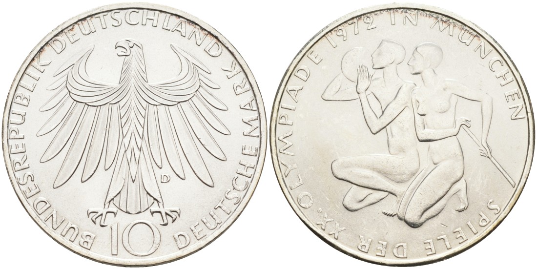 ФРГ 10 марок 1972 D, XX летние Олимпийские Игры, Мюнхен 1972, спортсмены KM 132, J.403 серебро UNC 4558-231