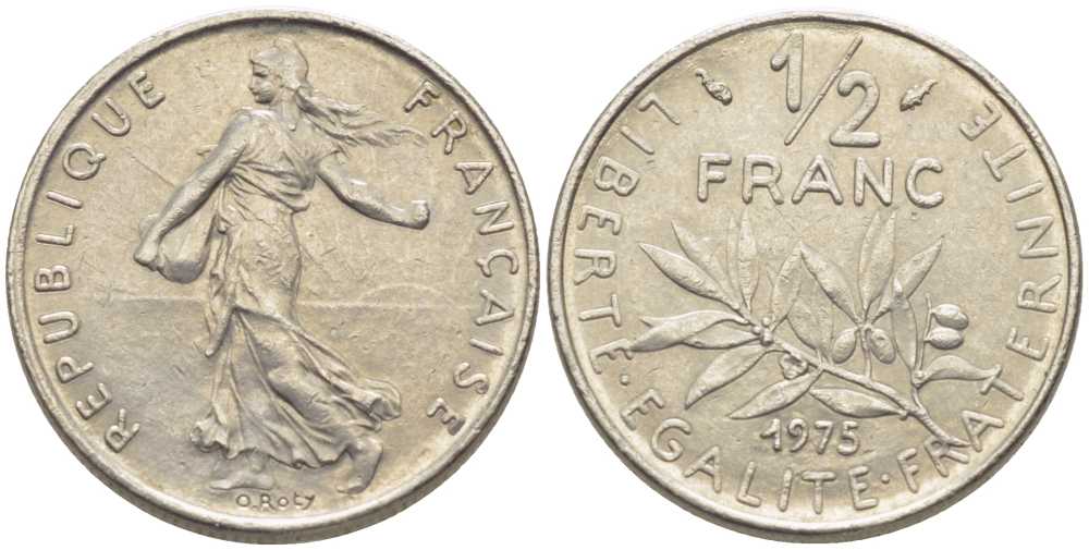 ФРАНЦИЯ 1/2 ФРАНКА 1976 СЕЯТЕЛЬ KM 931.1, LE FRANC 198.15 никель 175-945