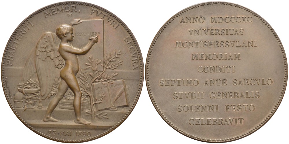 ФРАНЦИЯ МЕДАЛЬ 1890 600 ЛЕТ УНИВЕРСИТЕТУ МОНПЕЛЬЕ (1289-1989), 23 МАЯ 1890, АНГЕЛ, ДИАМЕТР 59,5 ММ., МЕДАЛЬЕР ALPHEE DUBOIS бронза 00-00