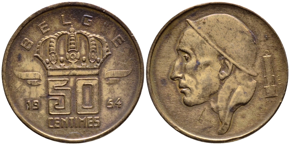 БЕЛЬГИЯ 50 САНТИМОВ 1954 BELGIE KM 145 бронза 4392-766