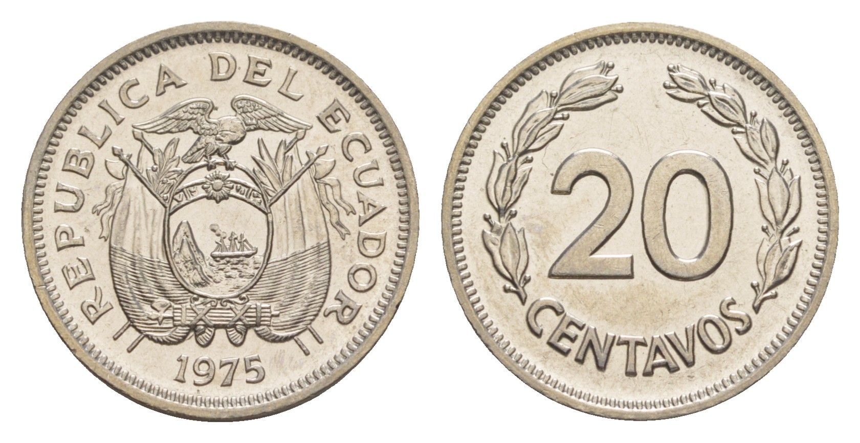 Эквадор 20 сентаво 1975 KM 77.2a сталь плакированная никелем UNC 4640-1236