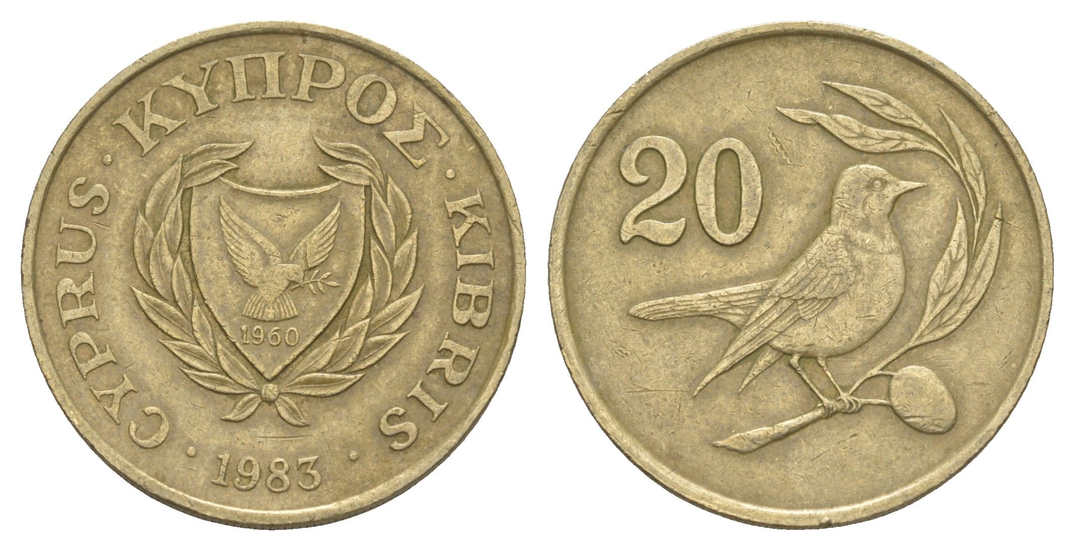 Кипр 20 центов 1983 птичка KM 57.1 никель латунь 4652-345