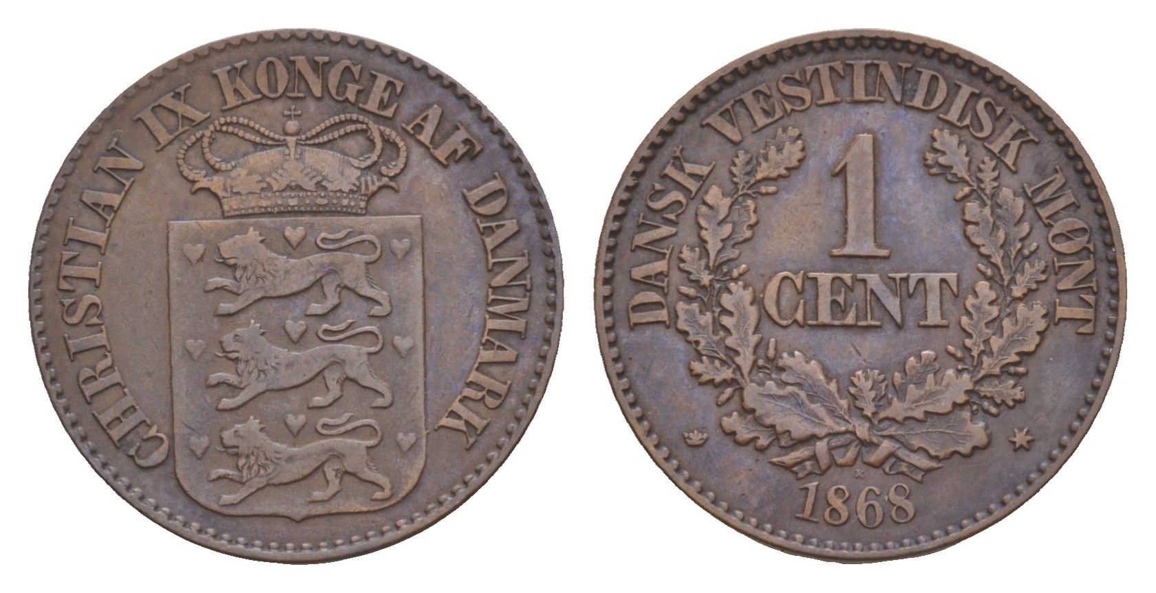 Датская Вест-Индия 1 цент 1868 KM 68 бронза 1520-1511