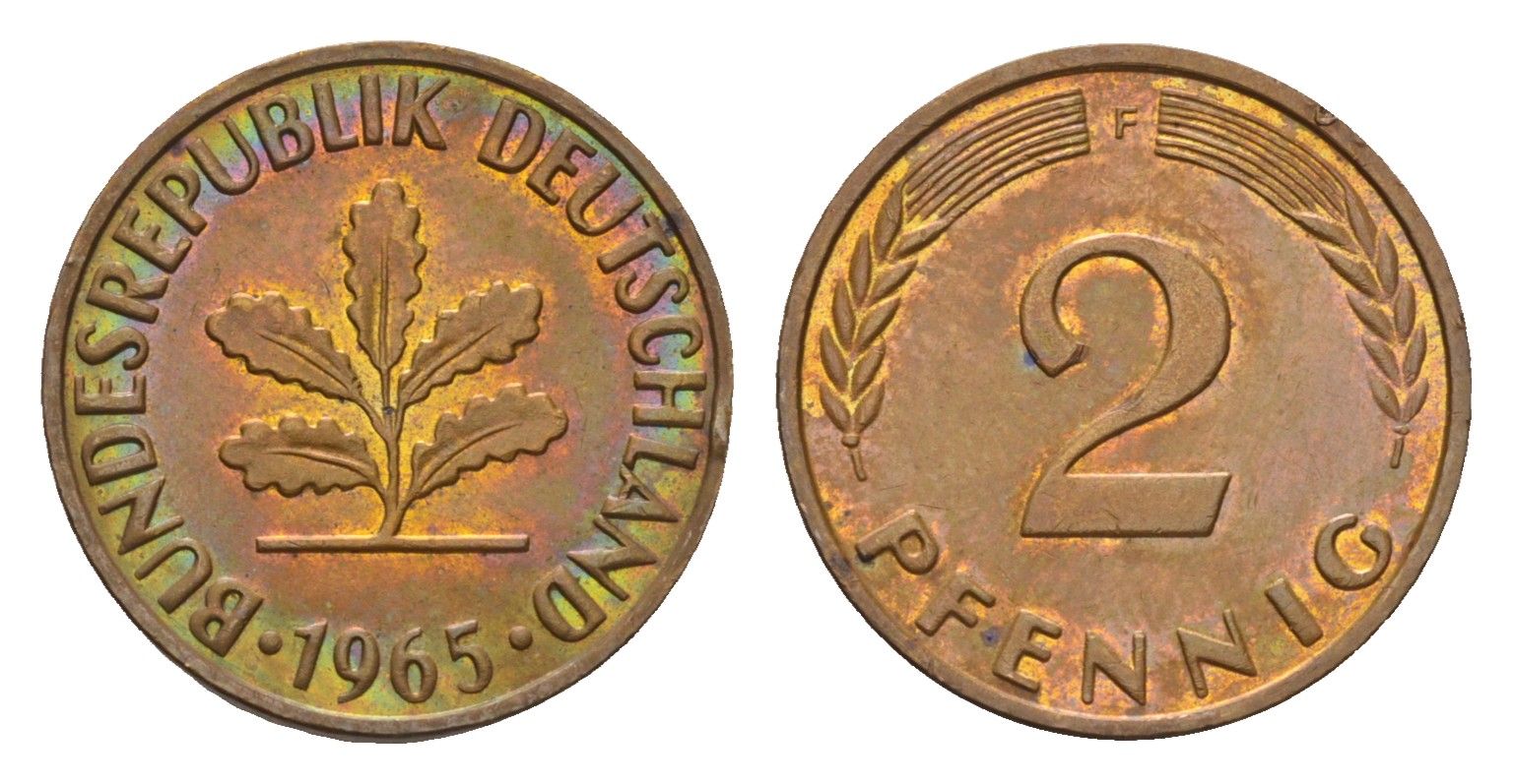 ФРГ 2 пфеннига 1965 F KM 106, J. 381 бронза 214-129