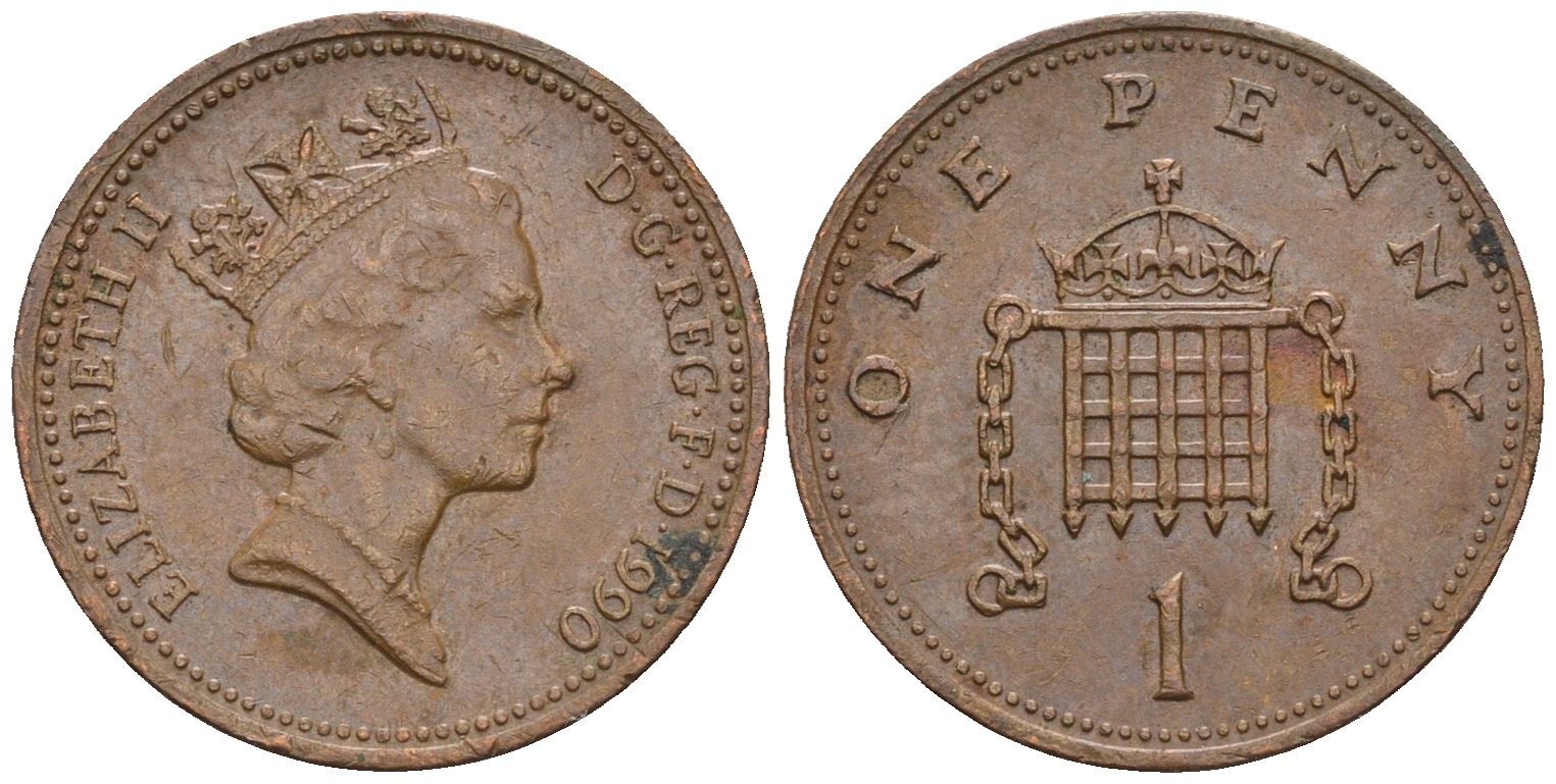 Великобритания 1 пенни 1990 Елизавета II (1952-2022) KM 935, Spink 4381 (B3) бронза 4609-527