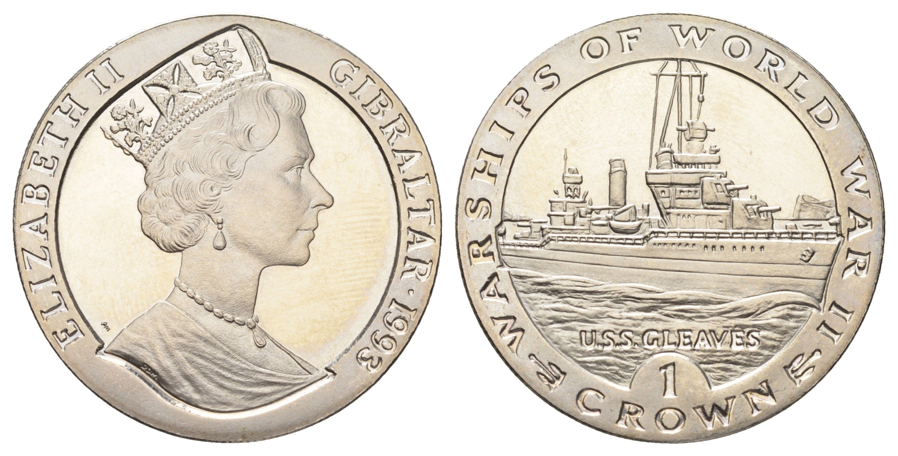 Гибралтар 1 крона 1993 Боевые корабли Второй мировой войны - USS Gleaves KM 122 медно-никель BU 1078-1-22