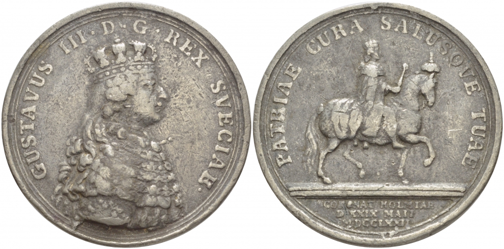 ШВЕЦИЯ МЕДАЛЬ ND ГУСТАВ III (1746-1792) КОРОЛЬ ШВЕЦИИ (1771-1792), СКОНЧАЛСЯ 29 МАРТА 1792, PATRIAE CURA SALUSOVE TUAE, ДИАМЕТР 56 ММ. белый металл 06-242-32