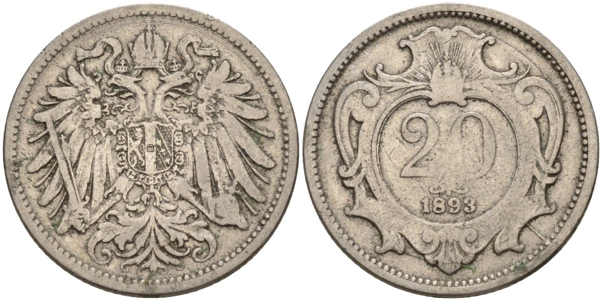 Австрия 20 геллеров 1893 Франц Иосиф (1848-1916) KM 2803 никель 4152-127