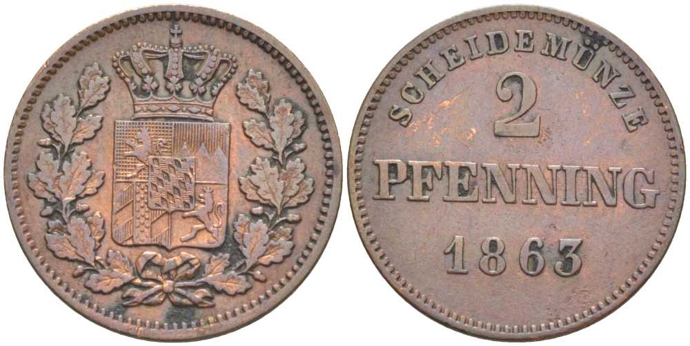 Бавария 2 пфеннига 1863 Максимилиан II (1848-1864) KM 472 медь 201-1028