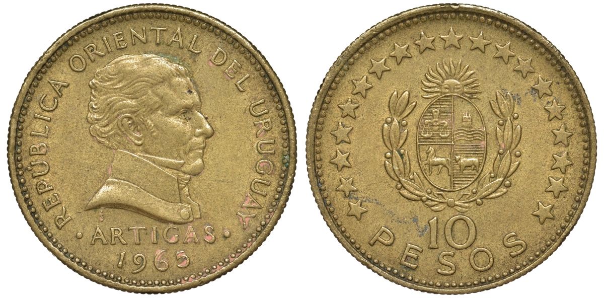 Уругвай 10 песо 1965 KM 48 алюминиевая бронза 69-725