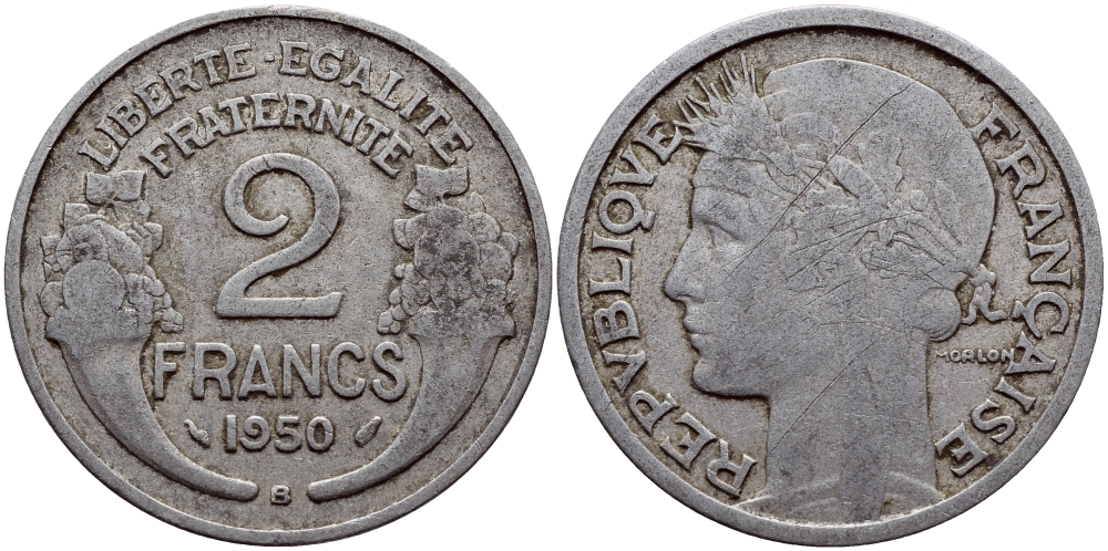 Франция 2 франка 1950 В KM 886а.2, Le Franc 269.17 алюминий 08-634