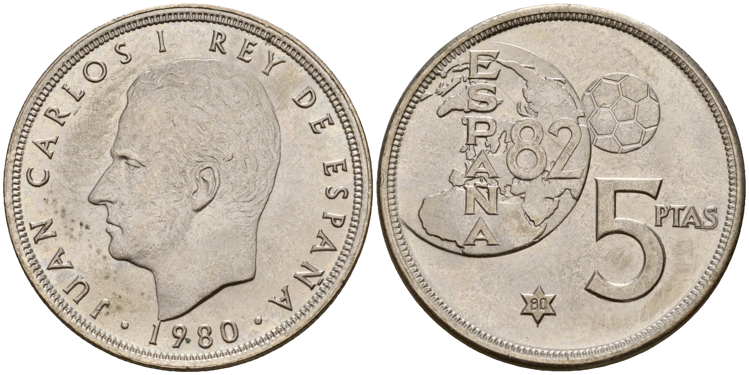 Испания 5 песет 1980 (80), Хуан Карлос , чемпионат мира по футболу, Испания 1982 KM 817 медно-никель UNC 4597-137