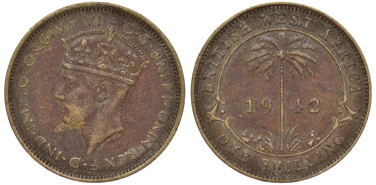 Британская Западная Африка 1 шиллинг 1942 Георг VI KM 23 никель латунь 25-2145