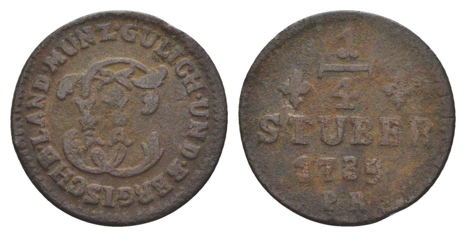 Юлих-Берг 1/4 штюбера 1785 PR, Карл Теодор (1743-1799) KM 205 медь 4654-112