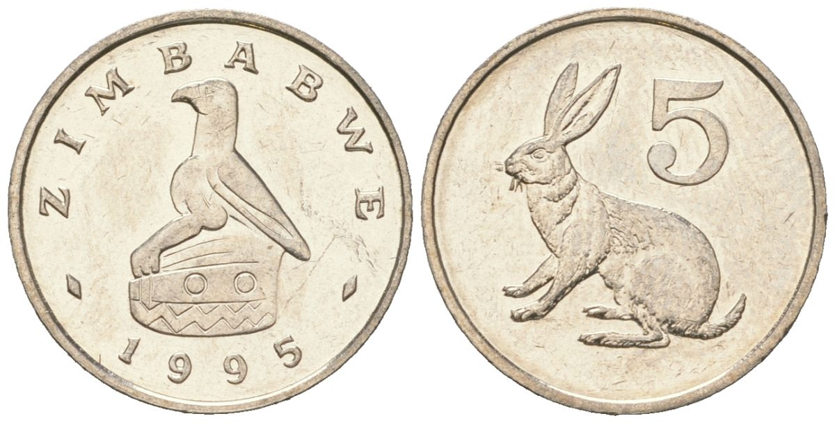 Зимбабве 5 центов 1995 рыжий кролик KM 2 медно-никель UNC 4615-1144