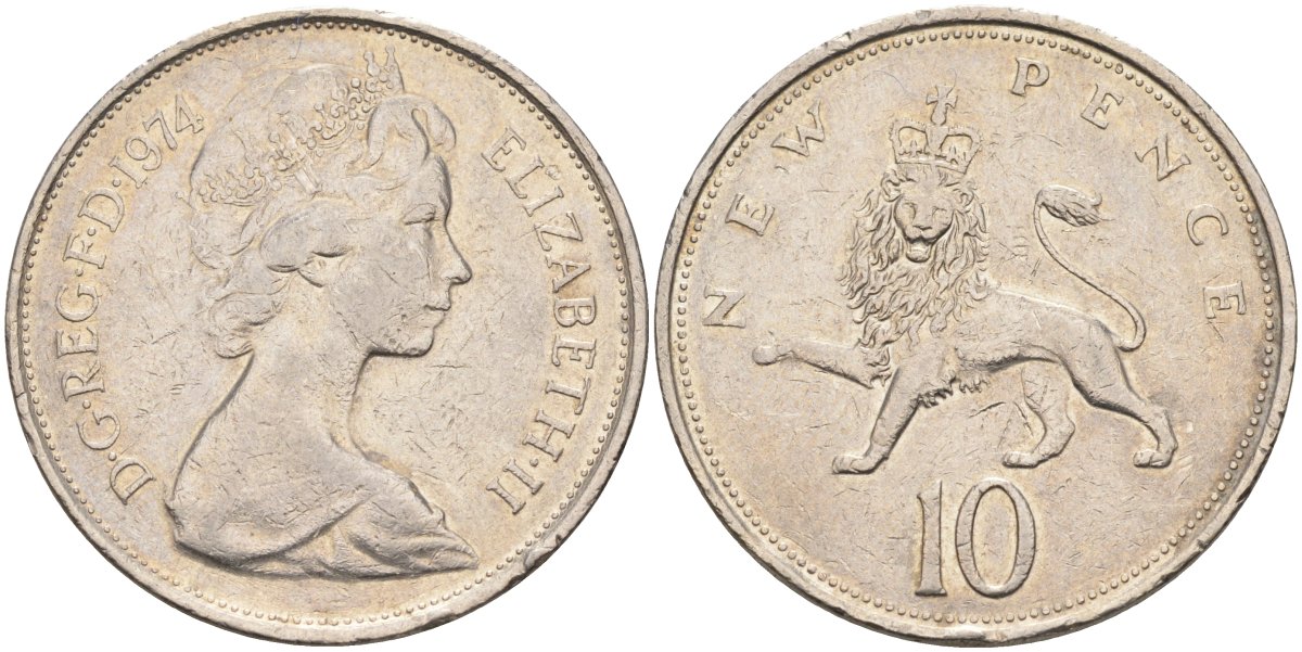 Великобритания 10 пенсов 1974 Елизавета II (1952-2022) KM 912, Spink 4231 (F1) медно-никель 189-531