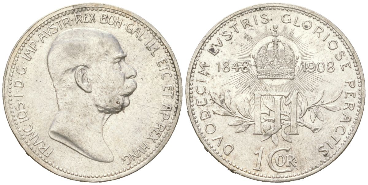 Австрия 1 крона 1908 Франц Иосиф I (1848-1916), 60 лет правлению KM 1808 серебро aUNC 4615-129