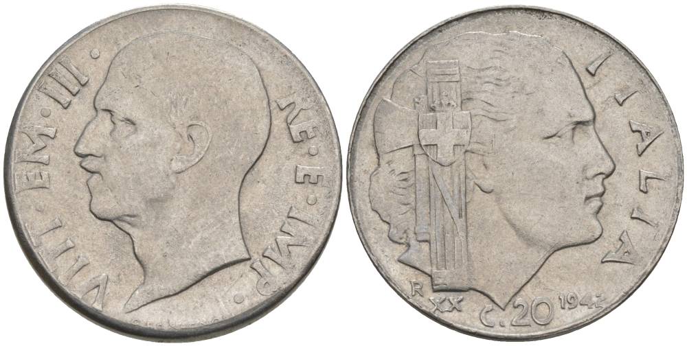 ИТАЛИЯ 20 ЧЕНТЕЗИМО 1942 R, ГОД XX, ВИКТОР ЭММАНУИЛ III (1900-1946), МАГНИТНАЯ, ГУРТ РИФЛЁНЫЙ KM 75b, VEM3. 1029 нержавеющая сталь 3853-436