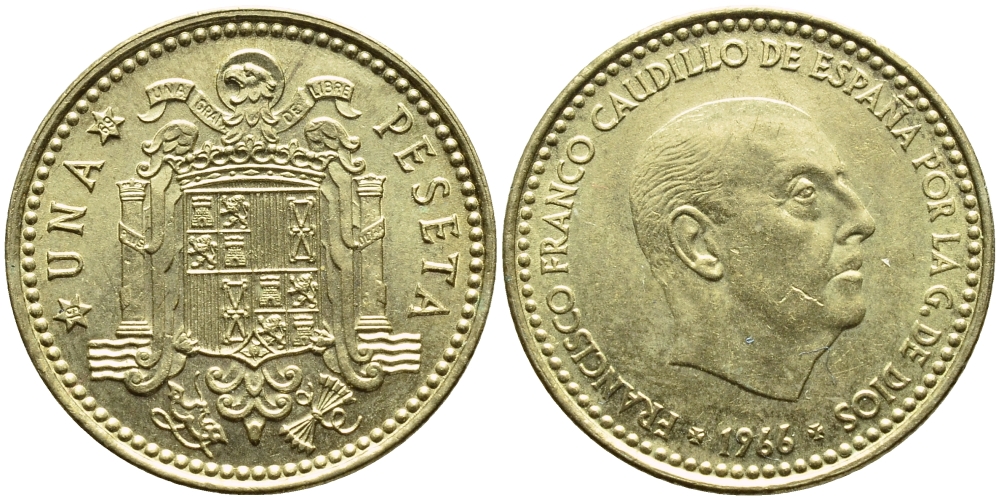 ИСПАНИЯ 1 ПЕСЕТА 1966 (69) ФРАНСИСКО ФРАНКО ДИКТАТОР ИСПАНИИ (1939-1975) КМ 796 алюминиевая бронза 4395-346