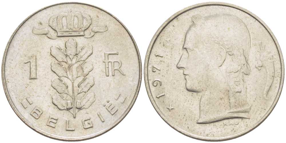 Бельгия 1 франк 1971 Belgie, Бодуэн I (1951-1993) KM 143.1 медно-никель 259-552