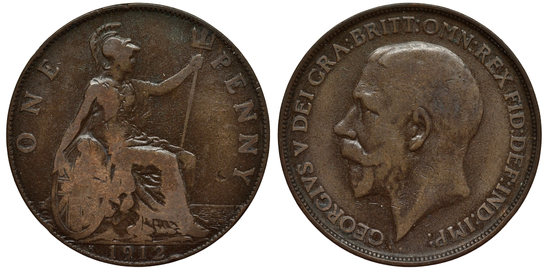 Великобритания 1 пенни 1912 H, Георг V (1910-1936) KM 810, Spink 4052 бронза 189-144