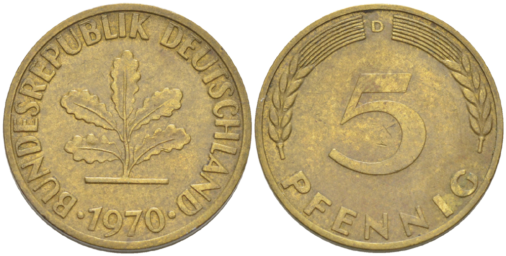 ФРГ 5 ПФЕННИГОВ 1970 D KM 107, J. 382 сталь плакированная латунью 4181-925