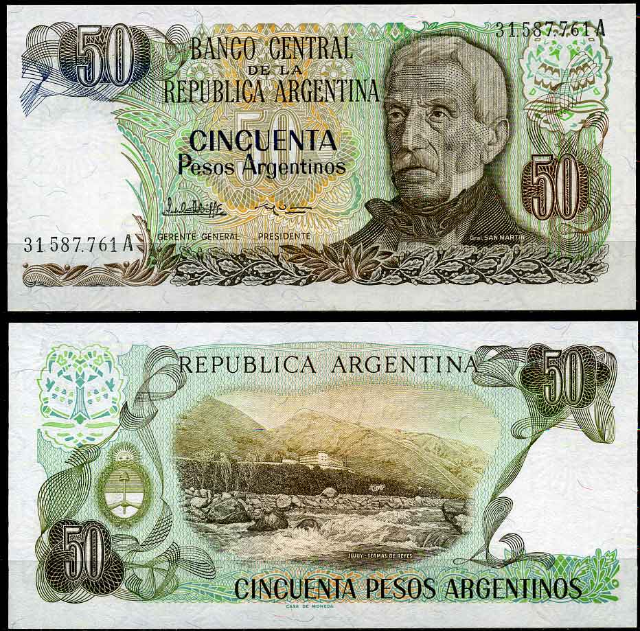 Аргентина 50 песо 1985 серия А 31587, Генерал Сан Мартин (1778-1850) Pick 314a  бумага  UNC (пресс) 447-24-2-1