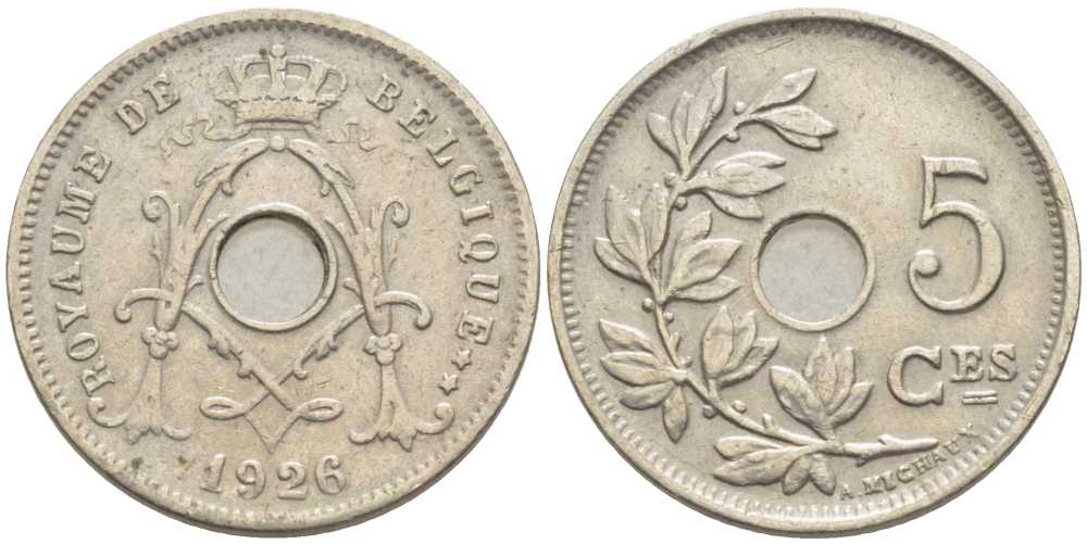 БЕЛЬГИЯ 5 САНТИМОВ 1926 BELGIQUE, АЛЬБЕРТ I (1909-1934) KM 66 медно-никель 116-942