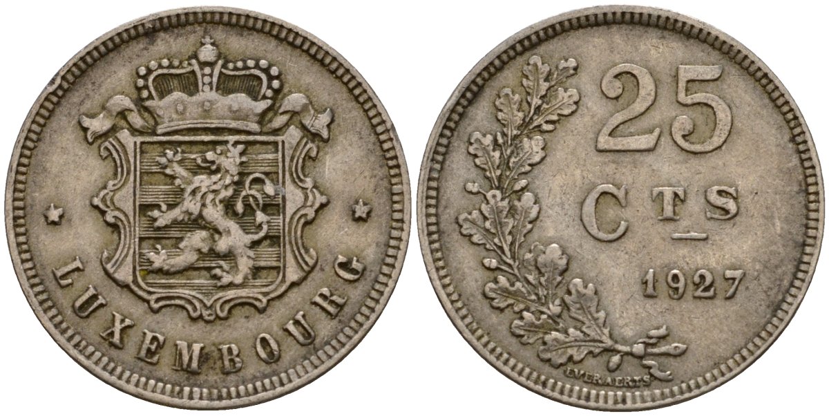 Люксембург 25 сантимов 1927 Шарлотта (1918-1964) KM 37 медно-никель 4122-554