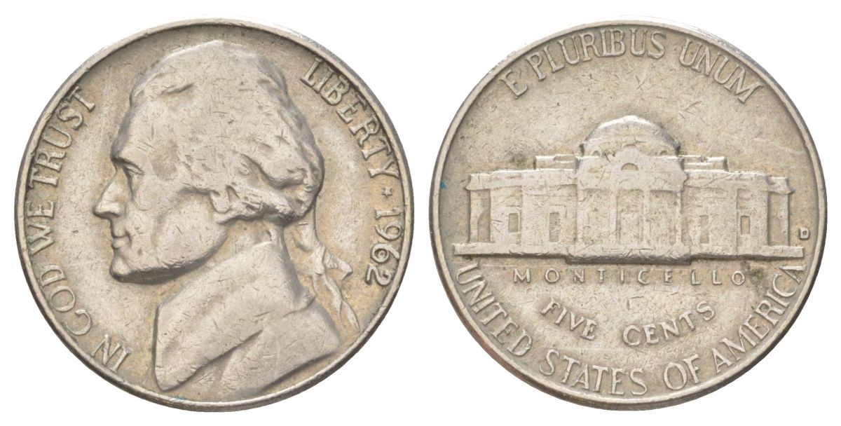 США 5 центов 1962 D, Джефферсон KM A192 медно-никель 4625-512