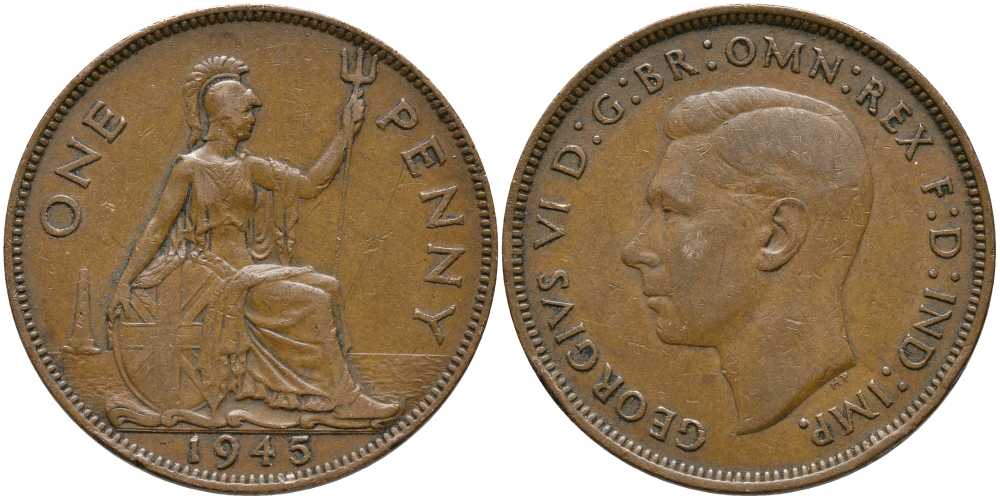 Великобритания 1 пенни 1945 Георг VI (1936-1952) КМ 845, Spink 4114 бронза 115-423
