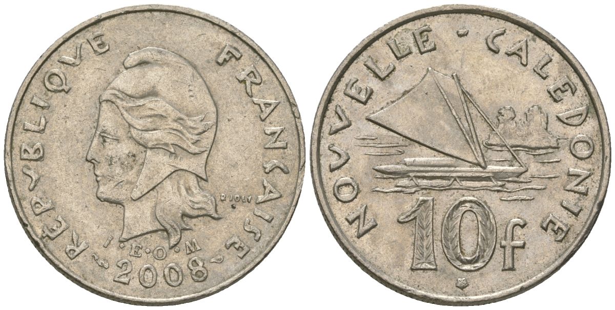 Французская Новая Каледония 10 франков 2008 рыбачья парусная лодка, (IEOM) KM 11a, Schoen 13a, Lec 99k медно-никель 60-747
