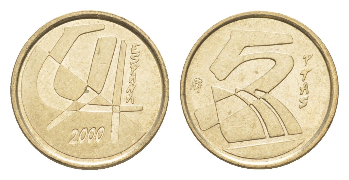 Испания 5 песет 2000 M, Хуан Карлос I (1975-2014) KM 833 алюминиевая бронза 4623-1213