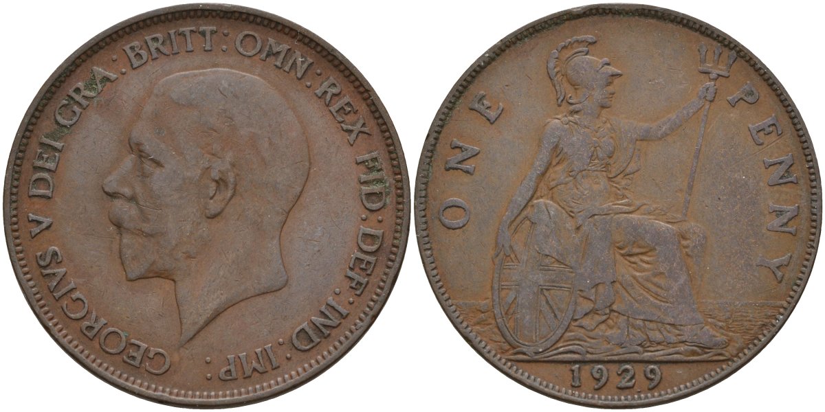 Великобритания 1 пенни 1929 Георг V (1910-1936) KM 838, Spink 4055 бронза 4144-836