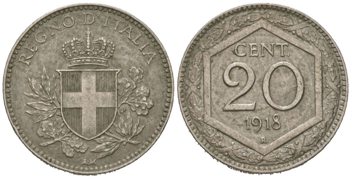 Италия 20 чентезимо 1918 R, Виктор Эммануил III (1900-1946) KM 58 медно-никель 4615-628