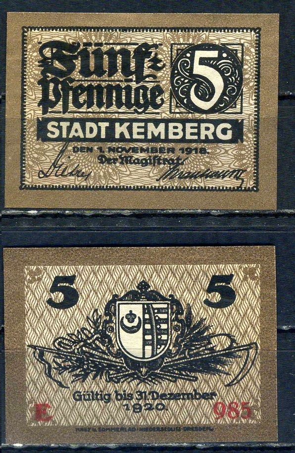 Кемберг (Пруссия, Саксония) 5 пфеннигов 1918 бумага UNC (пресс) 7555-42-1-2