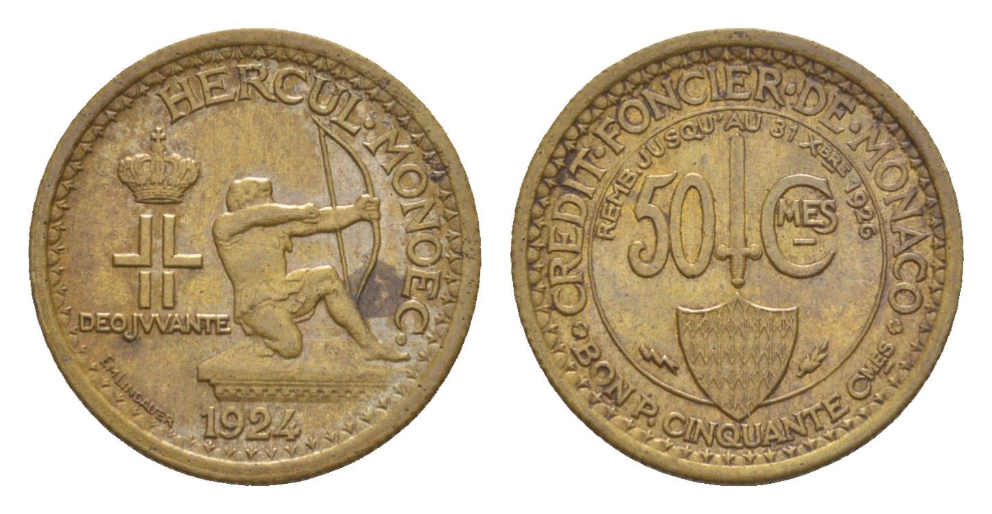 Монако 50 сантимов 1924 год-тип KM 110 алюминиевая бронза aUNC 5010-815