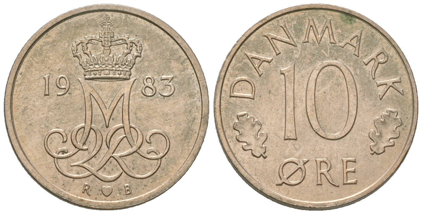 Дания 10 эре 1983 R; B, Маргрете  II (1972-2024) KM 860.3 медно-никель UNC 4651-148