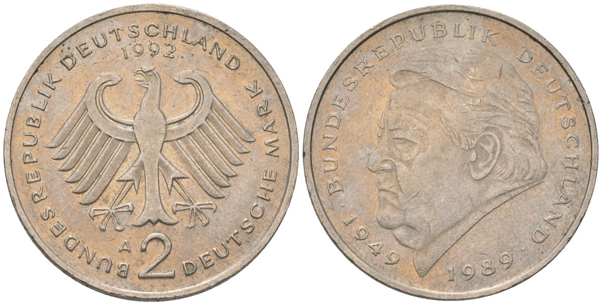 ФРГ 2 марки 1992 A, Франц Йозеф Штраус, 40 лет Федеративной Республике KM 175 медно-никель 4572-724