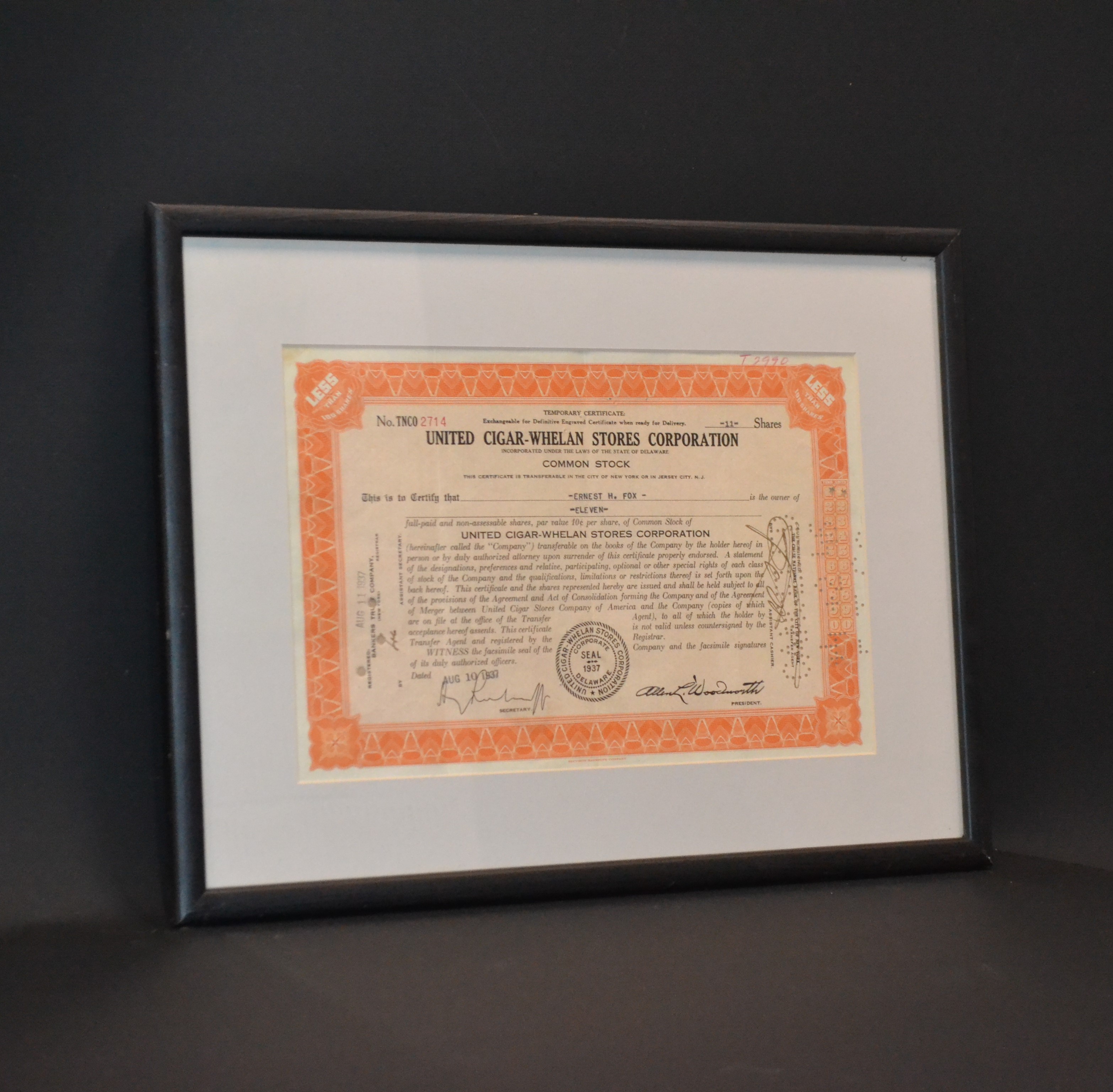 США, Объединенные магазины сигар (United cigar-whelan stores corporation) сертификат в 100 акций 1937 в рамке со стеклом бумага 57-1-14