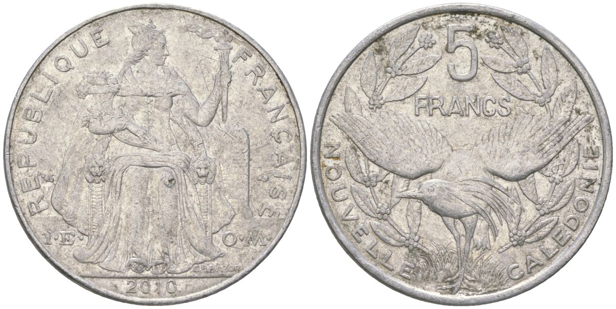 Французская Новая Каледония 5 франков 2010 птица кагу, (IEOM) KM 16, Schoen 12, Lec 81k алюминий 4111-536