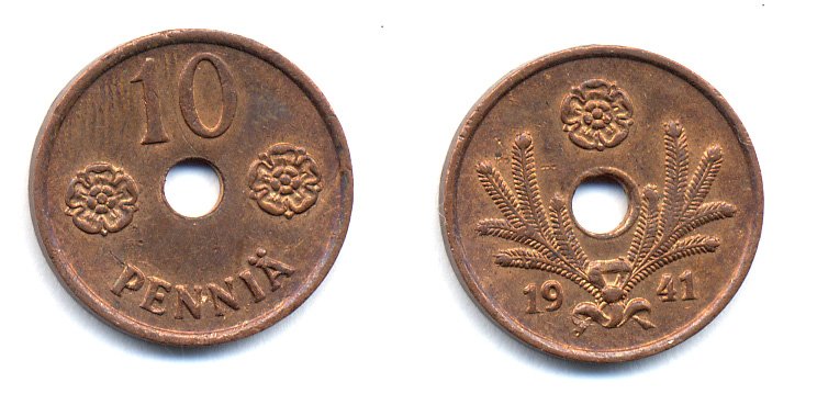 ФИНЛЯНДИЯ 10 ПЕННИ 1941 KM 33.1 медь 51-4936