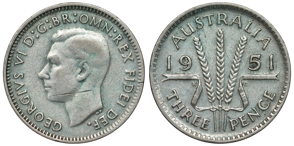 Австралия 3 пенса 1951 m, Георг VI (1937-1952), без букв KM 44 серебро 71-324