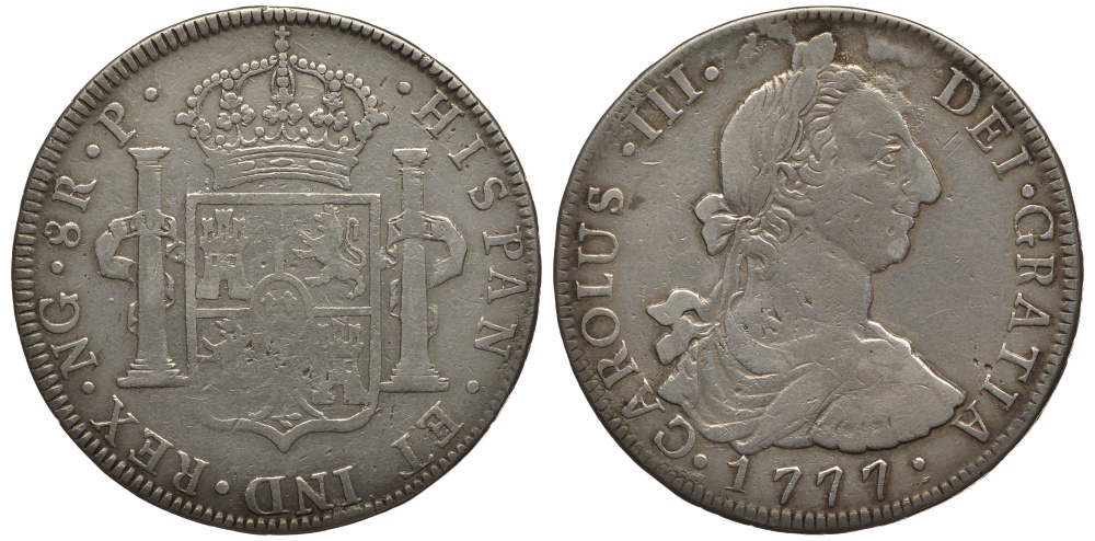 Гватемала 8 реалов 1777 P, Карл III KM 36.2 серебро 00-811-34