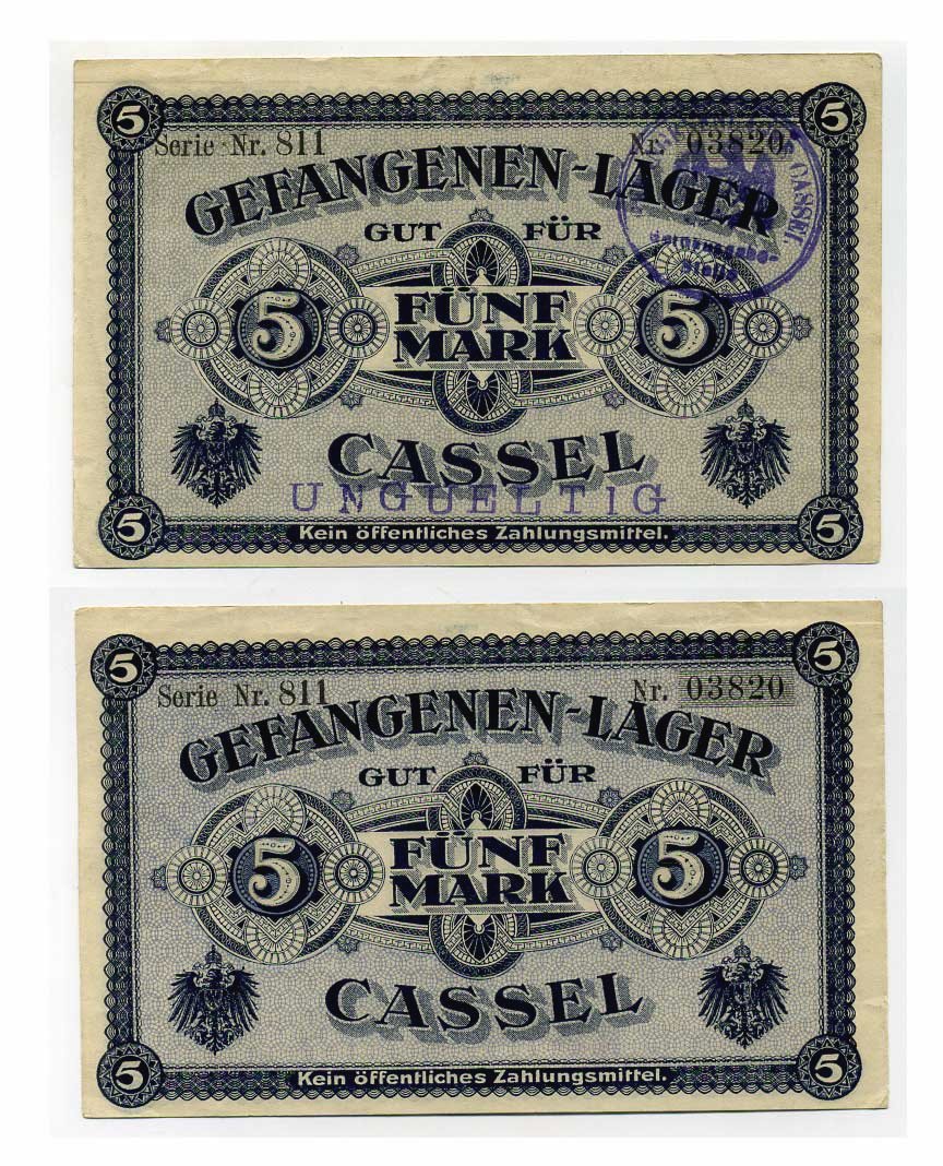 Германия 5 марок ND лагерь военнопленных в Касселе, печати недействительно и Кассель C-2788 бумага aUNC 504-48-3-1