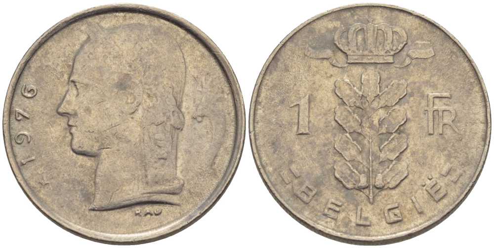 Бельгия 1 франк 1976 Belgie, Бодуэн I (1951-1993) KM 143.1 медно-никель 202-1057
