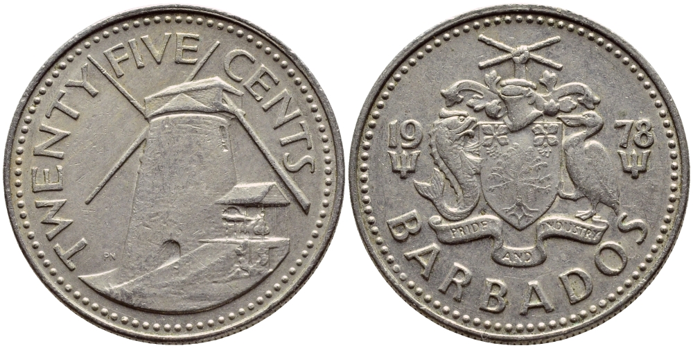 Барбадос 25 центов 1978 ветряная мельница Моргана Льюиса KM 13 медно-никель 4398-354